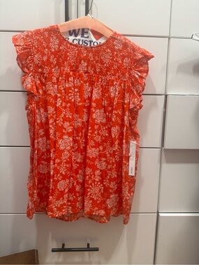 NWT Aqua Orange Floral Smocked Cap-Sleeve Blouse